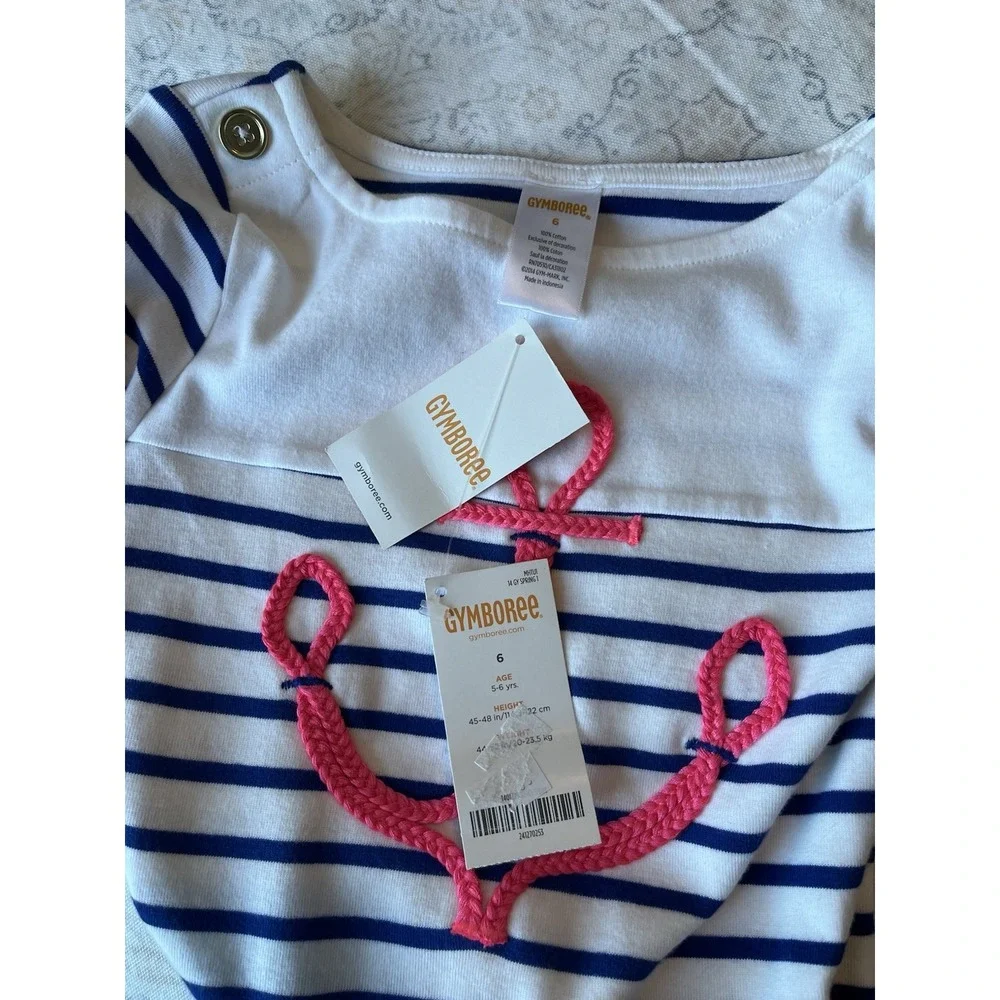 GYMBOREE Girl Size 6 3 Piece Top Skirt and Hat Set White Pink Blue Nautical Anch